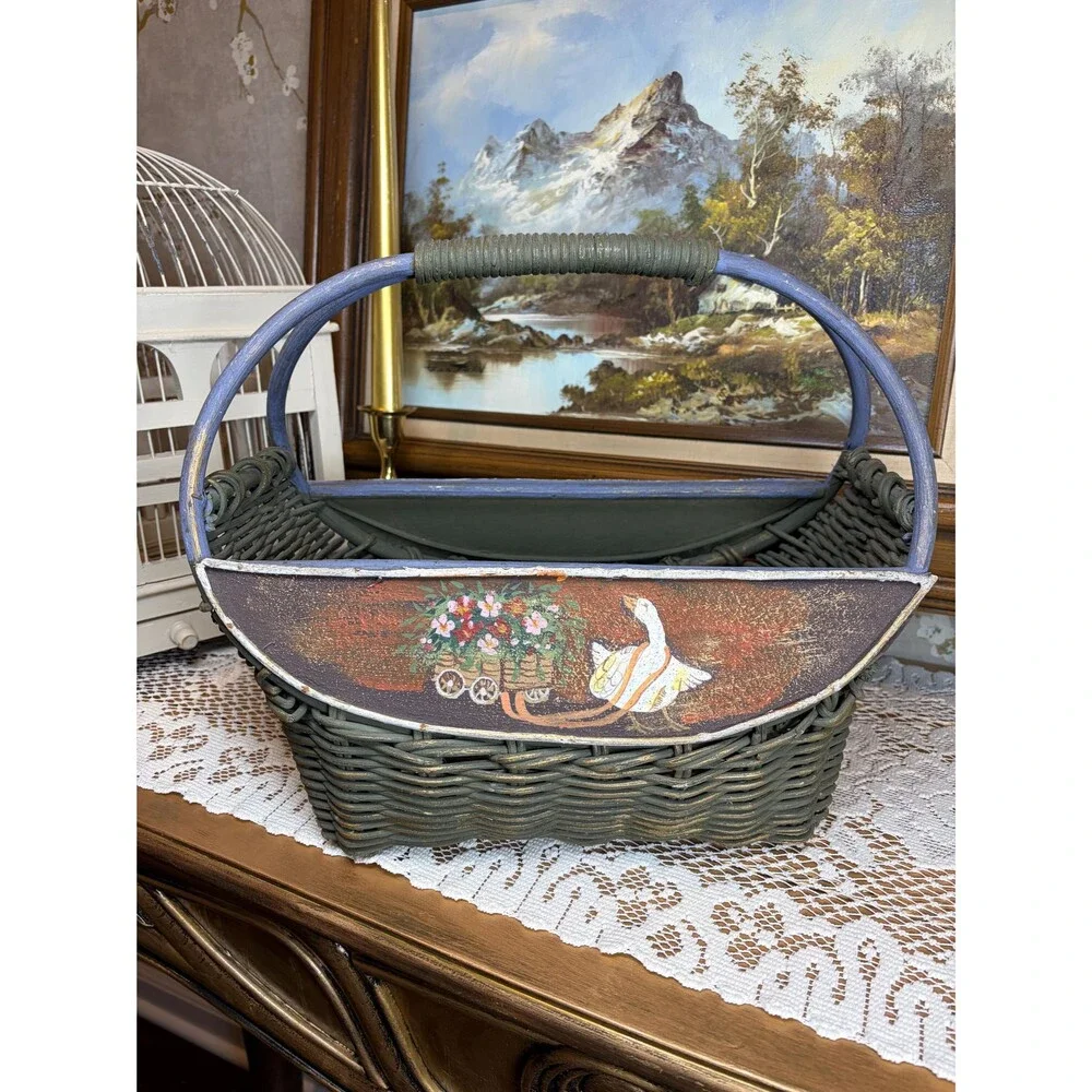 Vintage Hand Painted Goose Flower Cart Wicker Basket Country Cottagecore Decor